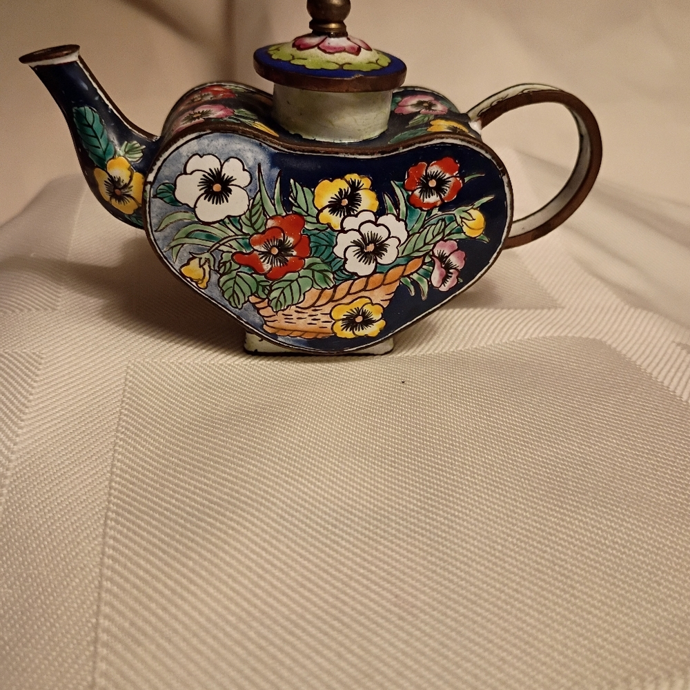Vintage Miniature Floral Blue Enamel Cloisonne Teapot Flowers Vibrant Colors
